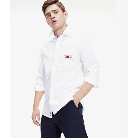 Tommy Hilfiger The Flex White Crisp Cotton Embroidered Preppy Button up Shirt L - Picture 2 of 7
